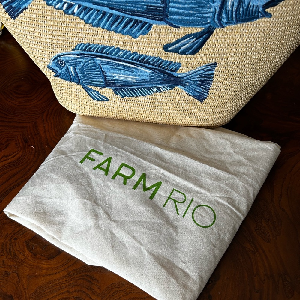 Farm Rio Blue Garden Tiles Raffia Shell Tote - Picture 14 of 16
